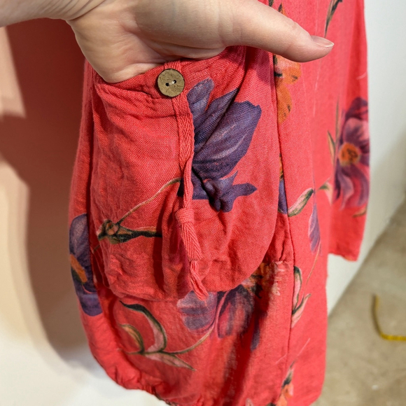 Bella Amore Linen Dress Women’s Medium Orange Red Purple Pockets Floral V-Neck - Picture 3 of 13